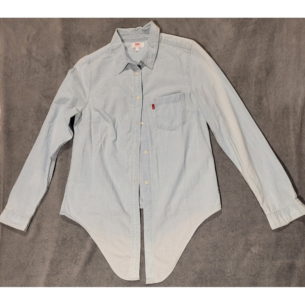 Levi's Women's S Blue Solid Chambray Collared Button Front Long Sleeve Shirt